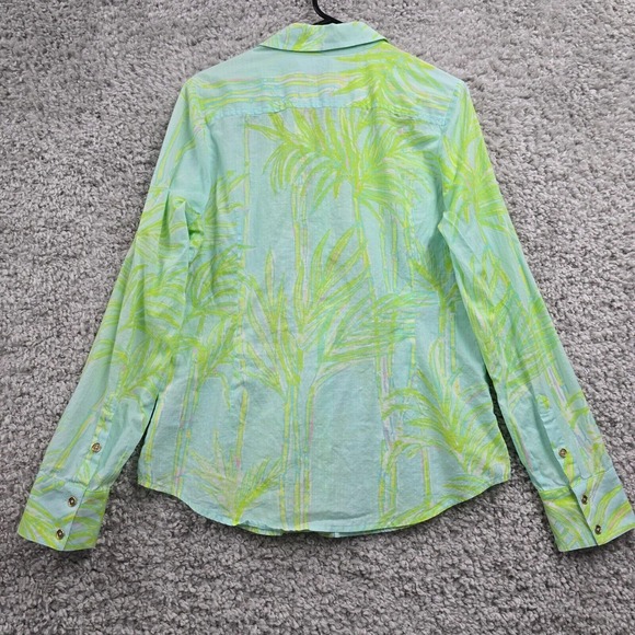 Lilly Pulitzer Shirt Women 10 Green Button Up Long Sleeve Palm Tree Tropical - Picture 8 of 12